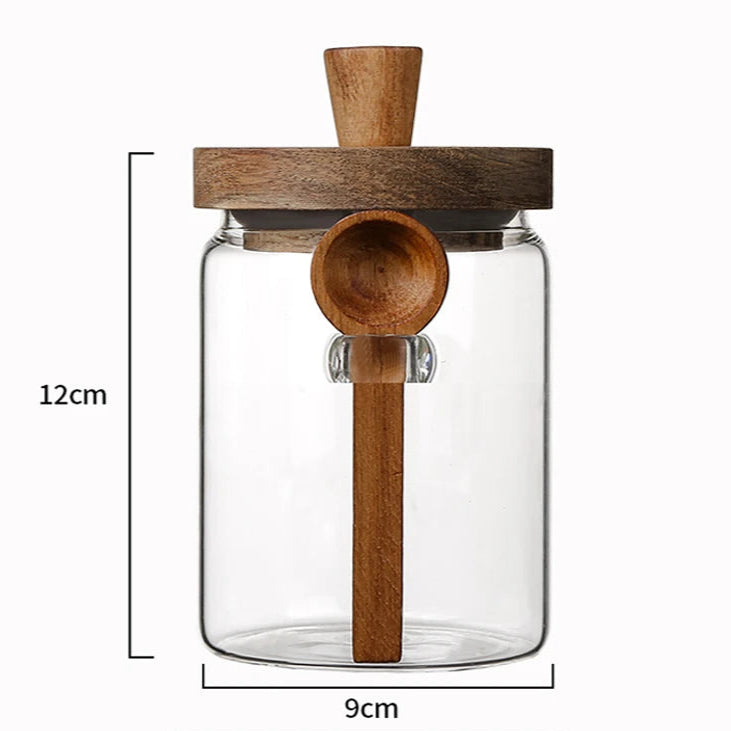 Frasco de Vidrio con Tapa de Madera y Cuchara