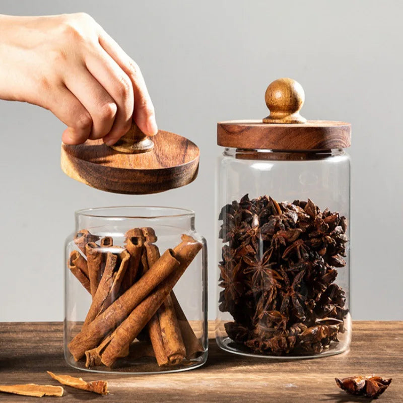 Frasco Hermético de Vidrio con Tapa de Madera de Acacia