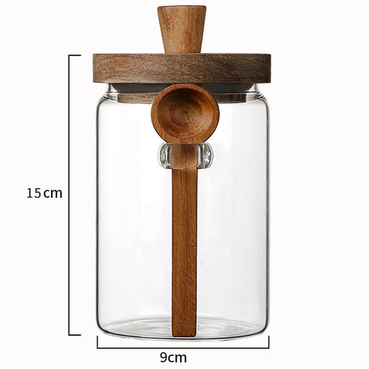 Frasco de Vidrio con Tapa de Madera y Cuchara