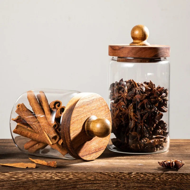 Frasco Hermético de Vidrio con Tapa de Madera de Acacia