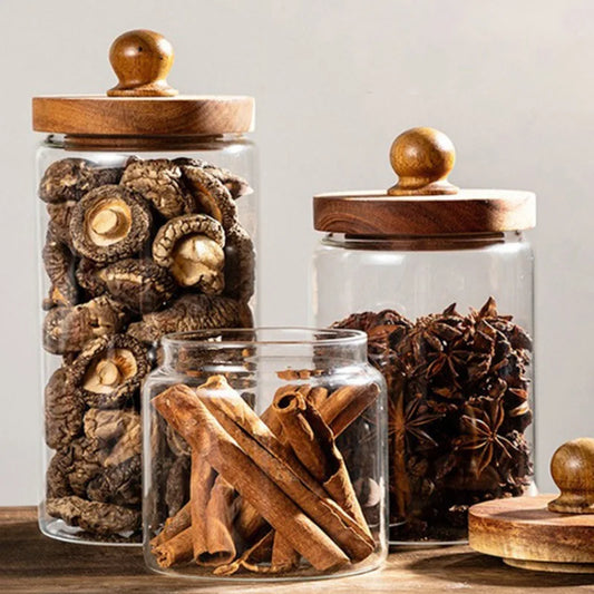 Frasco Hermético de Vidrio con Tapa de Madera de Acacia