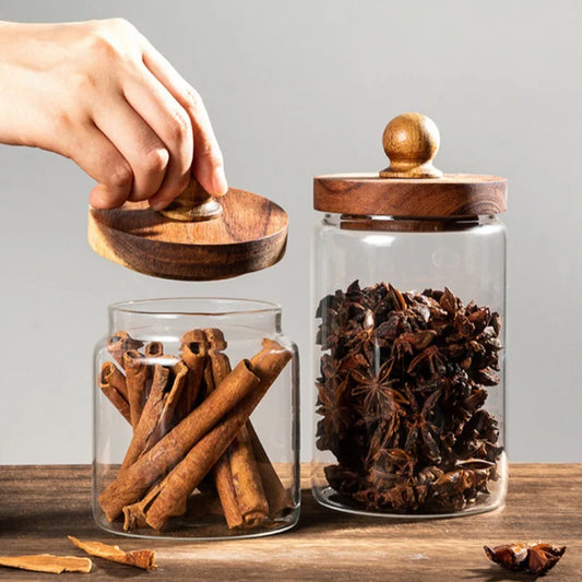Frasco Hermético de Vidrio con Tapa de Madera de Acacia